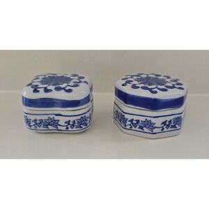 Bombay Blue and White Porcelain Trinket Box Set Chinoiserie Floral 2 Piece